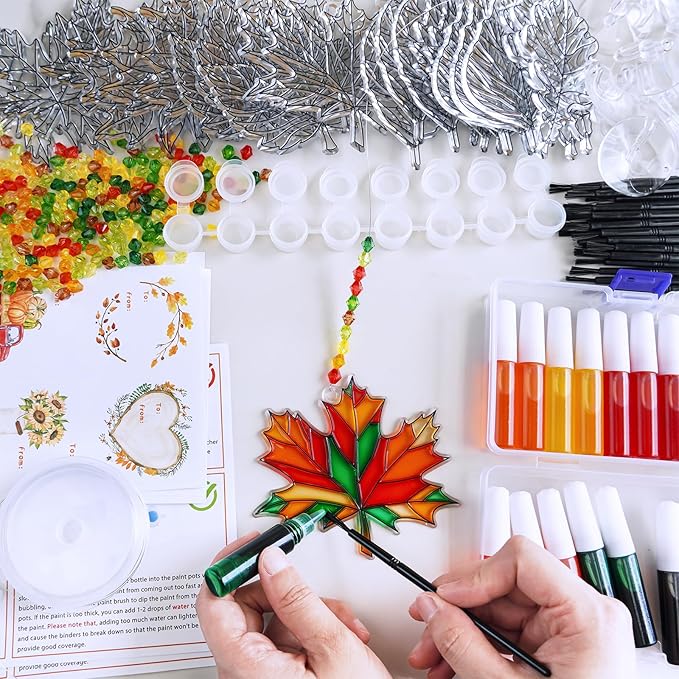 Winlyn 24 Sets Fall Leaf Suncatchers Ornaments DIY Window Paint Art Fall Craft Kits Maple Leaf Sun Catchers Painting Kits for Kids Classroom Activities Art Project Thanksgiving Autumn Party Decoration