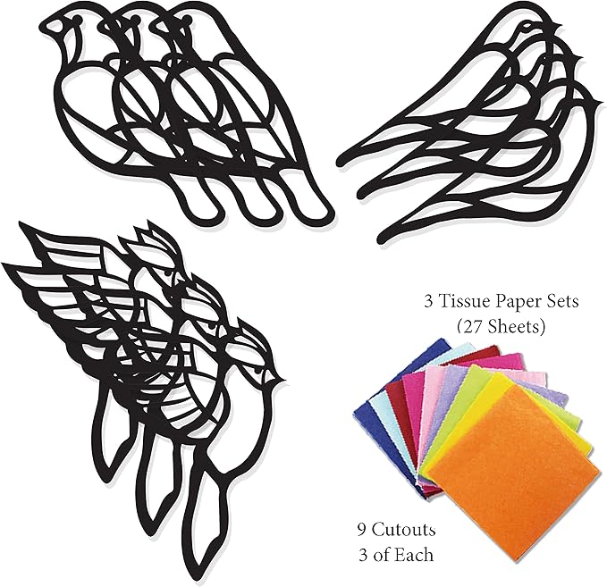 VHALE Suncatchers Craft 3 Sets (9 Cutouts) w Tissue Papers Stained Glass Effect Paper Sun Catcher Kit, Window Art, Classroom Crafts, Creative Art Projects, Kids Party Favors (Bird)