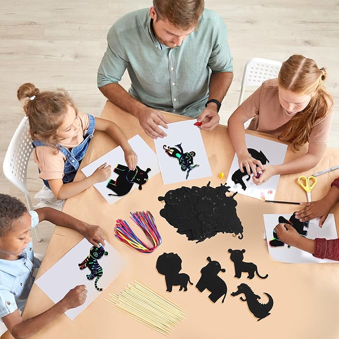 RoundFunny 80 Pcs Farm Animal Scratch Cards Farmhouse Crafts for Kids Colorful Scratch Paper Scratch Off Paper for DIY Art Kit with 80 Pcs Stick and Ribbon for Party Ornaments Favors