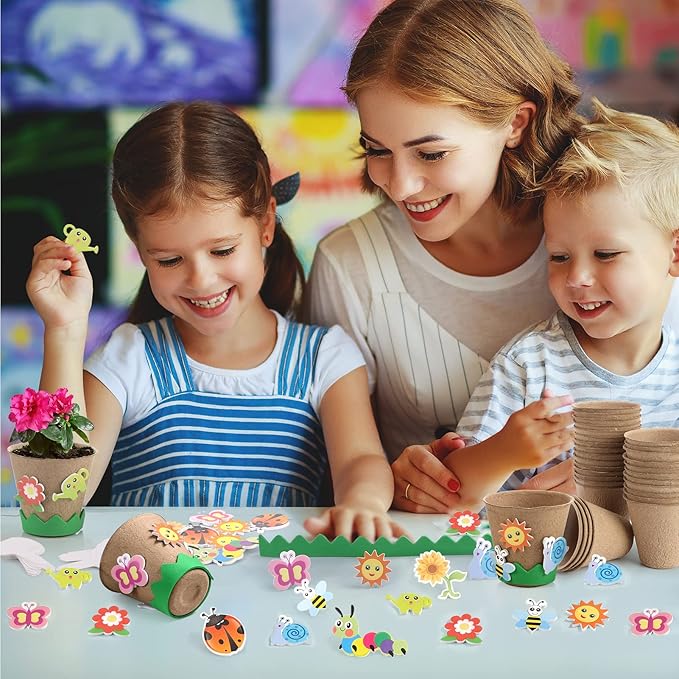 Ayfjovs Garden Paper Pot Craft Kit 55 Pack Flower Plant Spring Craft for Kids with 200 PCS Adhesive Foam Stickers and 55 PCS Plastic Plant Labels for Kids Garden, DIY and Early Education