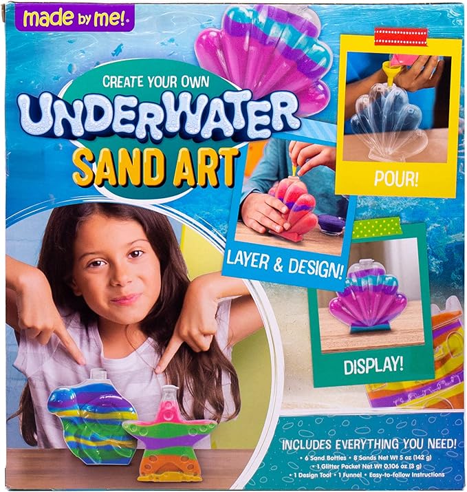 Made By Me Create Your Own Underwater Sand Art, Includes 6 Ocean-Themed Bottles, 8 Sand Colors, Glitter, & Funnel, Great Staycation or Group Activity, Party Idea, DIY Sand Art For Kids Ages 6, 7, 8, 9