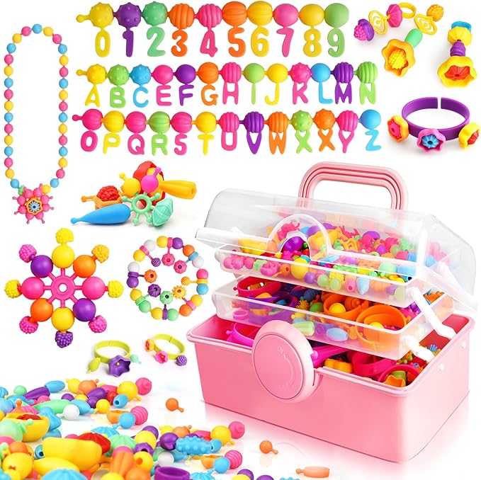FUNZBO 850pcs Pop Beads - Jewelry Making Kit for 3 4 5 6 7 8 Year Old Little Girls, Arts and Crafts Toys for Kids, Necklace Bracelet Ring Hairband Creativity Snap Set Easter Holidays Birthday Gifts