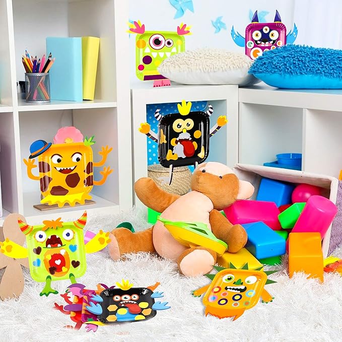 WATINC 9Pcs Monster Paper Plate Art Kits for Kids DIY Craft Sticker Card Preschool Family Games Educational Party Supplies Art Handmade Project Classroom Groups Activity Valentine's Day Decoration