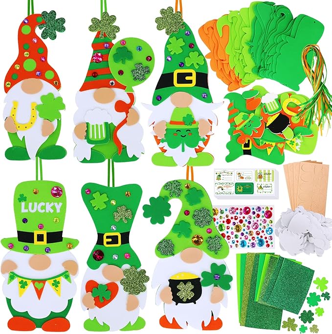 Winlyn 24 Sets St. Patrick's Day Decorations Gnome Shamrock Ornaments DIY St. Pat's Craft Kits Assorted Lucky Four-Leaf Clover Irish Shamrock Foam Stickers for Kids Classroom Home Activity Art Project