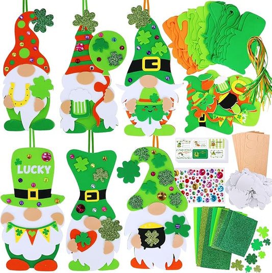 Winlyn 24 Sets St. Patrick's Day Decorations Gnome Shamrock Ornaments DIY St. Pat's Craft Kits Assorted Lucky Four-Leaf Clover Irish Shamrock Foam Stickers for Kids Classroom Home Activity Art Project