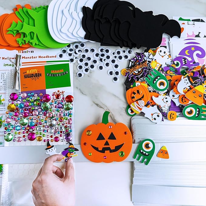 Winlyn 24 Sets Halloween Headbands Craft Kits Crown Art Sets Jack-o'-lantern Candy Corns Ghost Monster Bat Paper Hat with Halloween Foam Stickers for Kids Halloween Classroom Activities Party Favors