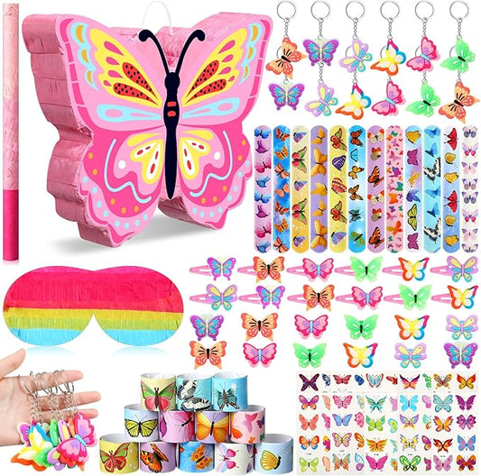 Pasimy 61 Pcs Butterfly Party Piñata Set, Butterfly Piñata with Stick Blindfold Butterfly Birthday Tattoos Stickers Hairpin Ring Slap Bracelet Keychain for Butterfly Themed Party Supplies Decor