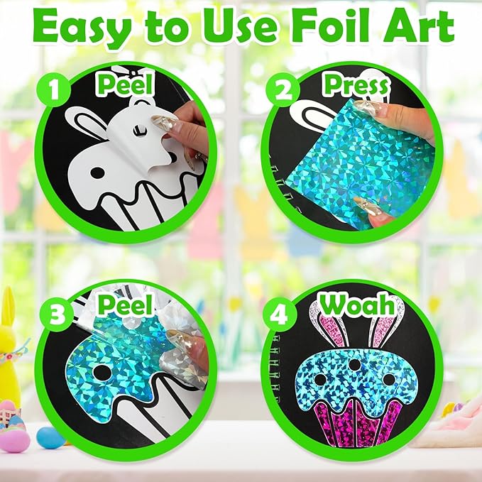 Foil Art Craft Activity for Kids: Fun DIY Toy Sticker Kit, No Mess Creative Travel Supply Set, Idea Birthday Easter Basket Stuffers Valentines Gift for Girl Boy Toddler 4 5 6 7 8 9 Year Old (Easter)