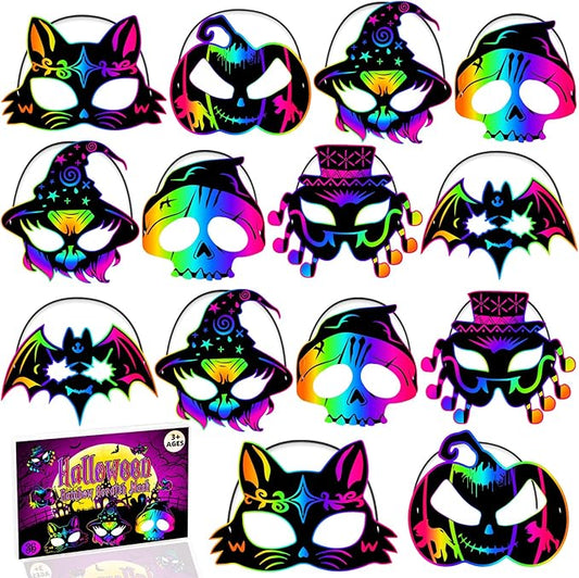 JMUQ Halloween Scratch Mask Games for Kids, 72Pcs Halloween Scratch Art Craft Kit Rainbow Scratch Paper Art for Halloween Party Favors Supplies Halloween Classroom Favors Halloween Activities