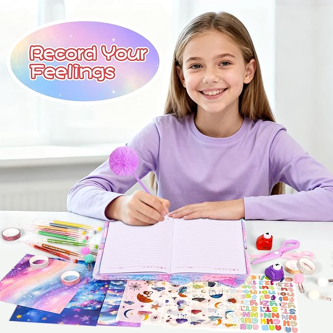 LiYiQ Plush Cat Diary Gift for Girls Kids Travel Journal Secret Diary with Scrapbook Paper Stickers Journal Stencils Pompom Pen and Washi Tape Practical Set Gift for Birthday Christma