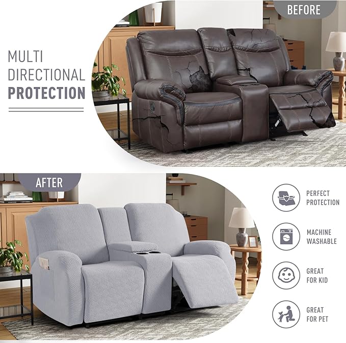 KinCam Loveseat Recliner Covers with Middle Console Slipcover, Recliner Sofa Covers 2 Seat Couch Cover Stripe Jacquard Furniture Protector Covers with Elastic Bottom for Kids, Pets (Silver Gray)