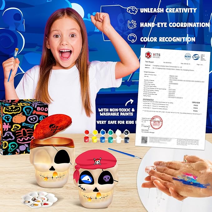 FUNZBO Paint Your Own Lamp, Art & Craft Supplies Skull Painting Kits, Arts and Crafts for Kid Teen Adult, DIY Night Light Toys Christmas Gift for Toddler Girl Boy Age 3 4 5 6 7 8 9 10 11 12 13