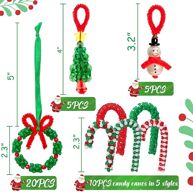 Christmas Crafts for Kids Adults Families, Beaded Ornament Kit to Make Wreath/Candy Cane/Xmas Tree/Snowman, Holiday Decorations Party Supplies, 40 Pieces