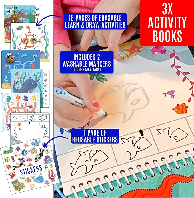 Kids Small Size Travel Educational Activity Books with Washable Markers (7"x7") - Car and Airplane Activities - Reusable Stickers for Ages 4, 5, 6 (Jungle, Ocean & Princess)