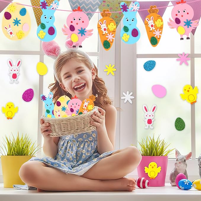 JULBEAR Easter Foam Crafts for Kids, 260 Pcs Foam Easter Foam Stickers Egg Rabbit Carrot Chick Arts and Crafts Kits, DIY Stickers Set for Kids Party Favors Supplies