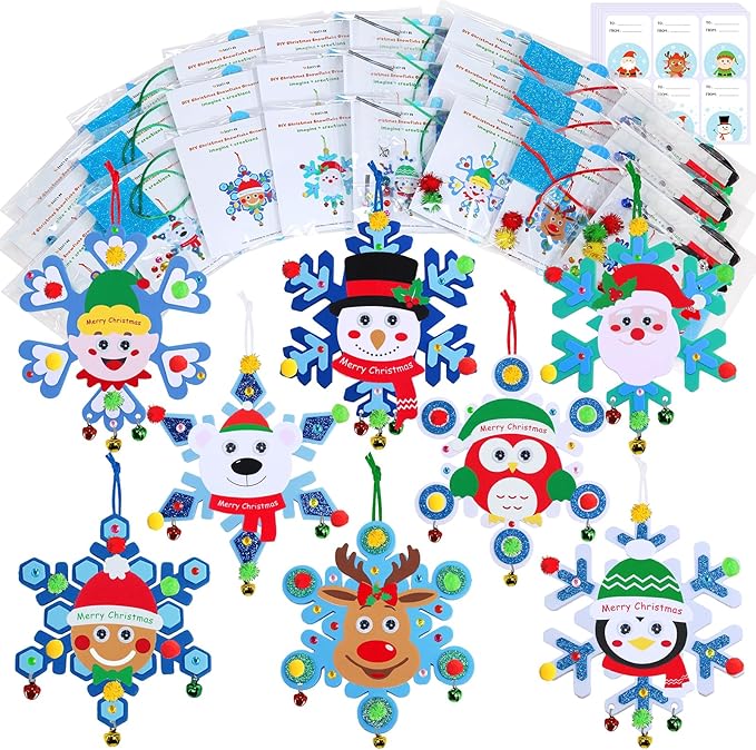 Winlyn 24 Sets Christmas Craft Kits Winter Crafts DIY Christmas Snowflake Ornaments Decorations Art Sets Snowman Elf Santa Christmas Foam Stickers for Kids Holiday Classroom Activities Party Favors