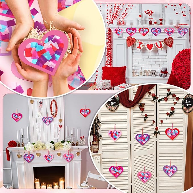 Tinlade 24 Pcs Valentine's Day Suncatcher Craft Kit Pink Heart Shaped Suncatcher Window DIY Tissue Paper Decoration Ornament for Classroom Valentines Party Favor Supplies