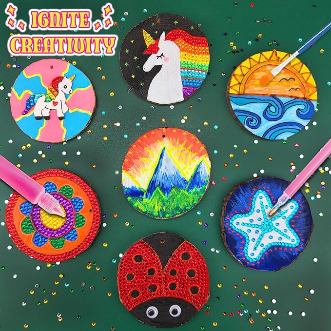 klmars Kids Wooden Painting Kit-Glow in The Dark-Arts & Crafts Gifts for Boys Girls Ages 6-12-Wood Slice Craft Activities Kits - Creative Art Toys for Birthday Party Favors Prizes(20Pcs)