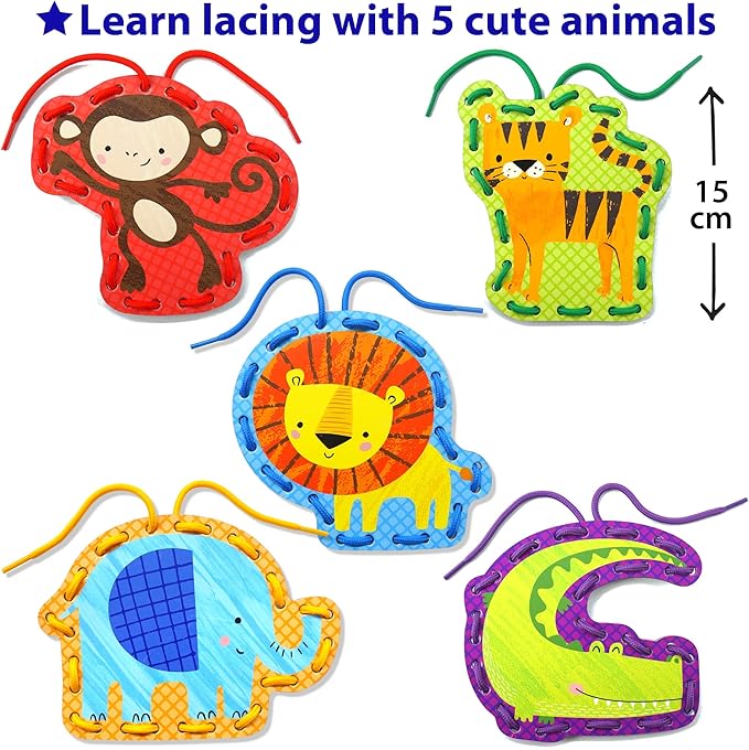 KRAFUN Beginner Preschool Lacing Card Kit for Kids Arts & Crafts, 5 Easy Safari and Animal Lacing Projects, Lacing Cards for Toddlers, Fine Motor Skills Training Toys