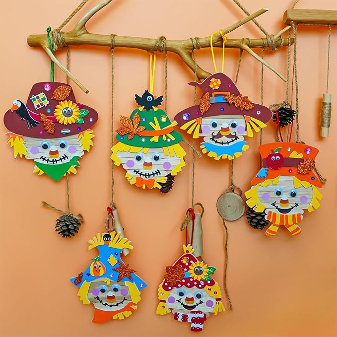 Winlyn 24 Sets Fall Craft Stick Scarecrow Head Making Kits DIY Popsicle Stick Scarecrow Heads Ornaments Art Sets for Kids Autumn Decorations Halloween Harvest Season Art Project Classroom Activities