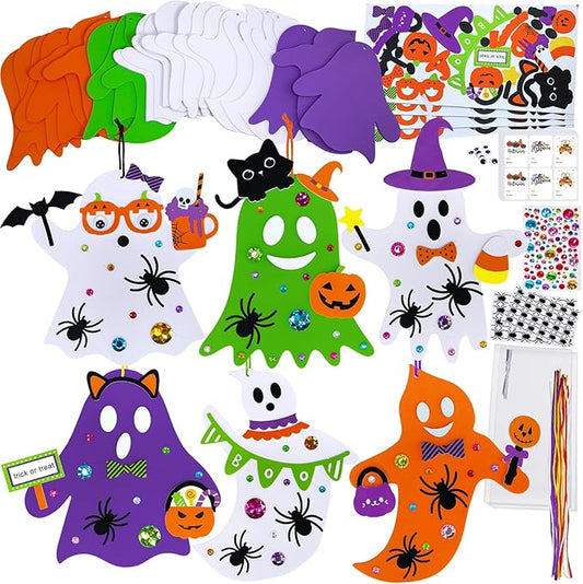 Winlyn 24 Sets Halloween Crafts Fall Crafts DIY Halloween Ghost Tree Ornaments Decorations Craft Kits Foam Ghost Stickers Fall Halloween Arts and Crafts for Kids Party Favors Classroom Art Activities