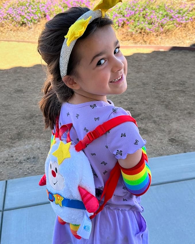 Rainbow Brite 6-Piece Set with adjustable Plush Backpack, Sparkle Star Headband, Rainbow Arm Warmers, Purple Bow Hair Tie, Sprite Bracelet. One size/Adults, Kids. Great for costumes, cosplay, dress up