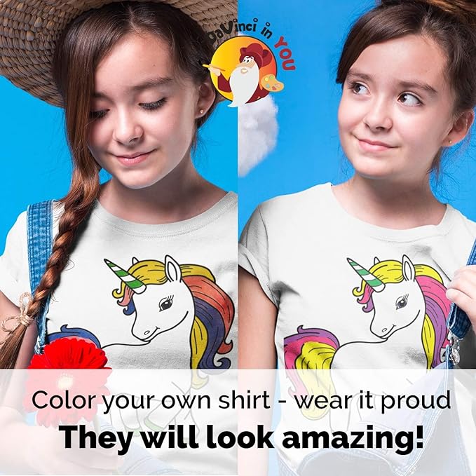 Unicorn Coloring Kit for Girls - DIY with Shirt, 10 Fabric Markers and Alphabet Stencil