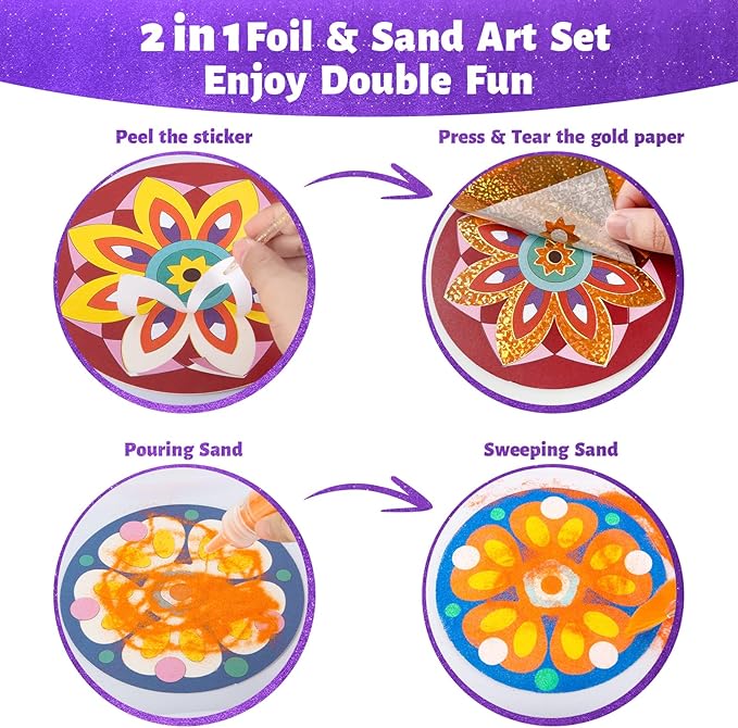 Foil Art & Sand Art Kit, 2 in 1 Mandala Arts and Crafts for Kids Ages 4-8, Mess Free DIY Coloring Kit for Girls and Boys, Thanksgiving Christmas Festivals Party Gifts