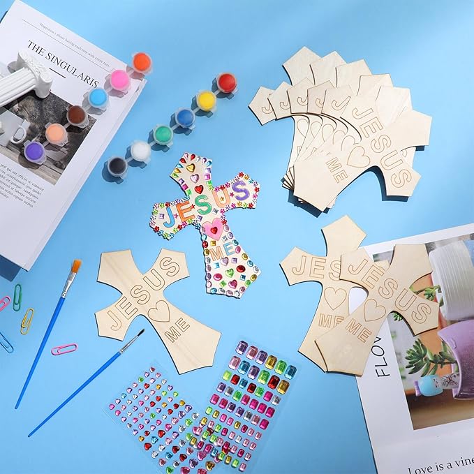 PullCrease Easter DIY Wood Cross Crafts for Kids Religious Craft Kit Sunday School Vacation Bible School Supplies 24 Pack Wooden Cross with Stickers 1 Set Paint(Stylish Style)
