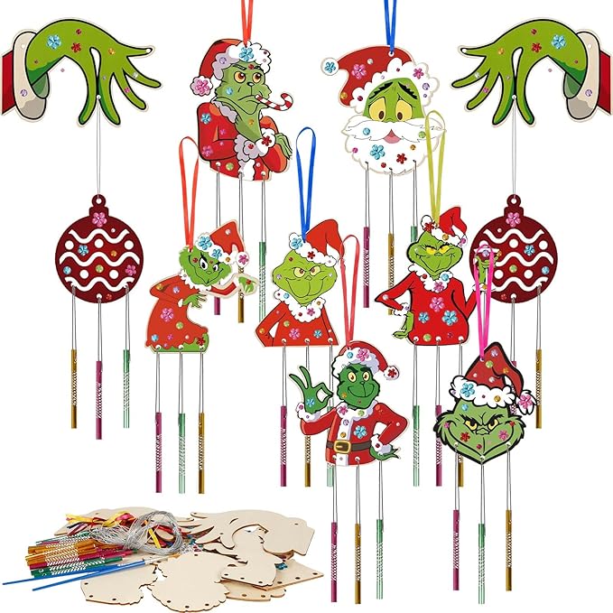 9 Pack Wind Chime Kit for Kids,Christmas Craft Kits DIY Grinch Wind Chime Unfinished Wooden Grinch Ornaments for Boys Girls Activity Art Project Christmas Tree Decoration