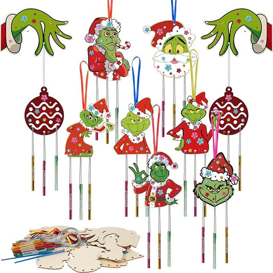 9 Pack Wind Chime Kit for Kids,Christmas Craft Kits DIY Grinch Wind Chime Unfinished Wooden Grinch Ornaments for Boys Girls Activity Art Project Christmas Tree Decoration