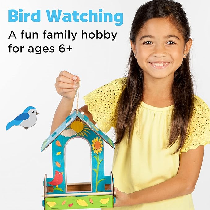 Creativity for Kids Build and Paint Bird Feeder Wood Craft Kit - DIY Bird House Kit for Children, Outdoor Activities for Kids Age 6+,Yellow,orange,blue,white,green,violet