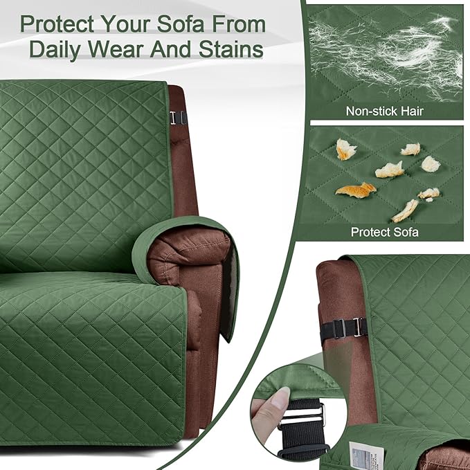 KinCam 100% Waterproof Recliner Chair Cover, Reclining Couch Covers for Pets, Dogs, Recliner Couch Slipcover Furniture Protector with Elastic Straps for Kids(28", Vine Green)