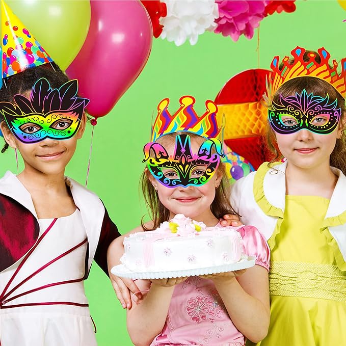 WATINC 24pcs Mardi Gras Scratch Masks for Kids, Carnival Prom Art Craft Kit, Masquerade Party DIY Magic Color Paper Mask, Costumes Dress Up Scratch Off Cards Supplies