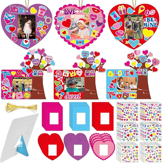 Qyeahkj Picture Frame Craft Set, 30 Set Valentines Day Art Kit for Kids with Easel, Heart Tree Picture Frame, Owl Stickers, Tree Card, Glue Points