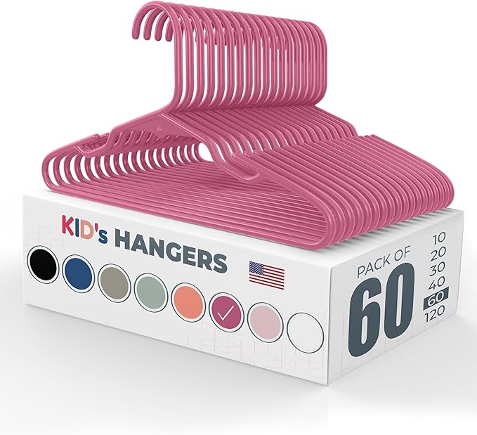 60pk Made in USA Baby Hangers | Kids Hangers for Children's Clothes, Toddler Outfits and Clothing | 20 50 100 Pack Available | Kid Plastic Hanger for Closet and Nursery | Child Kid Hangars (Pink)