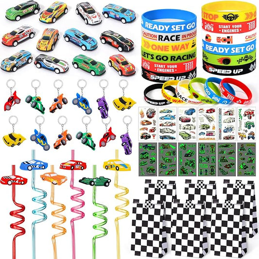 Winrayk Race Car Party Favors Birthday Supplies Drinking Straw Checkered Bag Mini Pull Back Car Bracelet Luminous Tattoo Sticker Keychain Racing Games Boys Kid Race Car Pinata Filler Goody Bag Stuffer