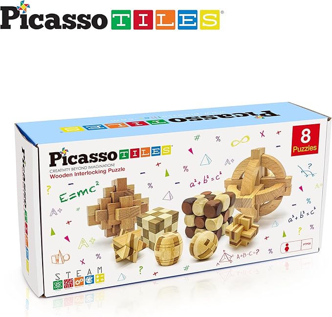 PicassoTiles 8 Styles Interlocking Sensory Toys Wooden Burr Cube, Ball and Barrels Logic Skill Genius Puzzle Brain Teaser Games & Intellectual 3D Assembling Educational Toy Set for Kids & Adults PTP08