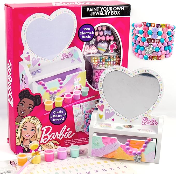 Barbie Paint Your Own Jewelry Box, Customize A Heart-Shaped Vanity & Jewelry Box with Acrylic Paints, Create 5 Pieces of Jewelry, 100+ Charms & Beads, Bead Kit for Kids Ages 5, 6, 7, 8