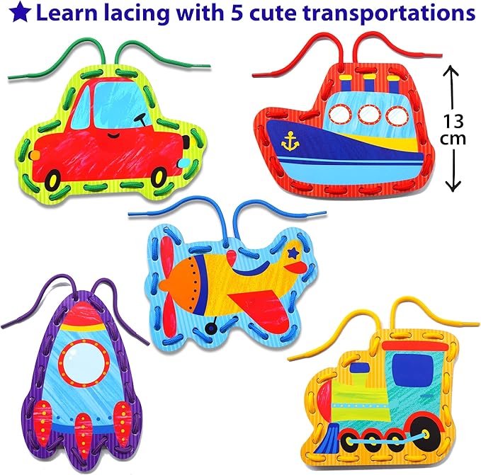 KRAFUN Preschool Beginner First Lacing Card Kit for Kids Training Arts & Crafts, 5 Easy Transport and Cars Lacing Projects, Lacing Cards for Toddlers, Fine Motor Skills Toys