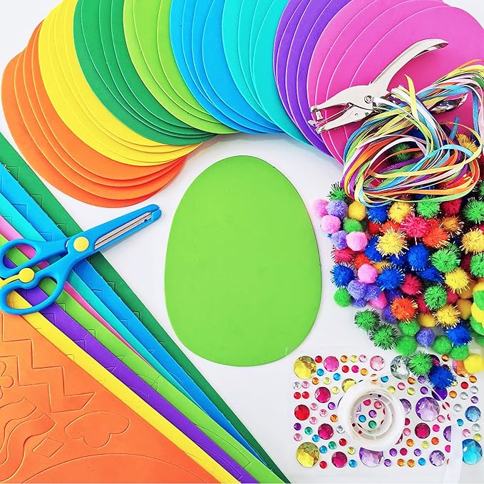 Winlyn 32 Sets Easter Egg Ornaments Decoration DIY Easter Craft Kits Assorted Foam Easter Egg Ornaments Easter Foam Stickers for Kids Party Favors Easter Spring Classroom Activity Art Project