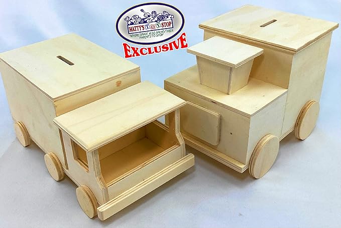 Mɑtty's Toy Stop Design & Paint Your Own Wooden Train & Truck Banks (Each Includes 4 Paints & 1 Brush) Gift Set Bundle - 2 Pack