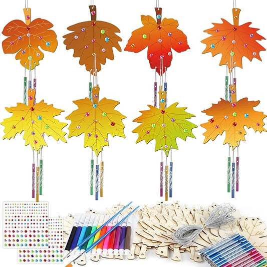 gisgfim 16 Pack Fall Wind Chime Kits for Kids Make Your Own Maple Leaves Wind Chime Wooden DIY Arts and Crafts for Thanksgiving Autumn Party School Classroom Decorations Supplies Birthday Favor