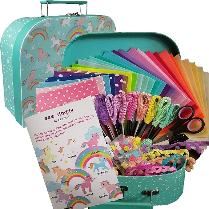 ARTIKA Sewing Kit for Kids - Craft Kit for Girls & Boys w/Booklet, Stencil Shapes, Supplies to Sew and Travel Case (Unicorn)