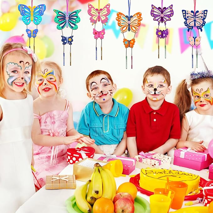 Fennoral 12 Pack Butterfly Wind Chime Kits for Kids Make Your Own Hollowed Out Butterfly Wind Chime DIY to Paint Butterfly Wooden Arts and Crafts for Kids Spring Winter Art Activity Birthday Party