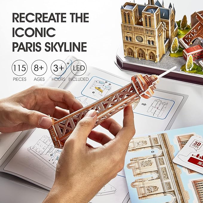 CubicFun 3D Puzzles for Kids Ages 8-10 LED Paris Cityline, Toys for Kids Arts and Crafts for Kids Ages 8-12 STEM Projects for Kids Ages 8-12 Gifts for Girls Boys Easter Gifts for Kids Home Decor
