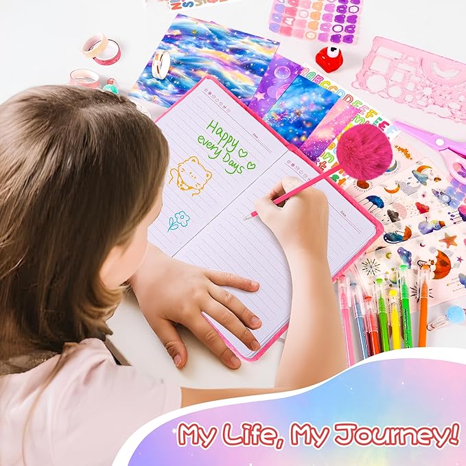 LiYiQ Plush Flamingo Diary Gift for Girls Kids Travel Journal Secret Diary with Scrapbook Paper Stickers Journal Stencils Pompom Pen and Washi Tape Practical Set Gift for Birthday Christma