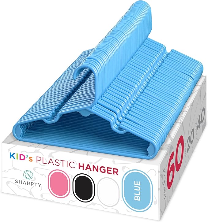 Sharpty Kids Plastic Hangers, Children's Hangers for Baby, Toddler, and Child Clothes - Everyday Standard Use - Ideal for Boys and Girls Closet, Clothing, Pants, Coats, and More - Blue, 60 Pack