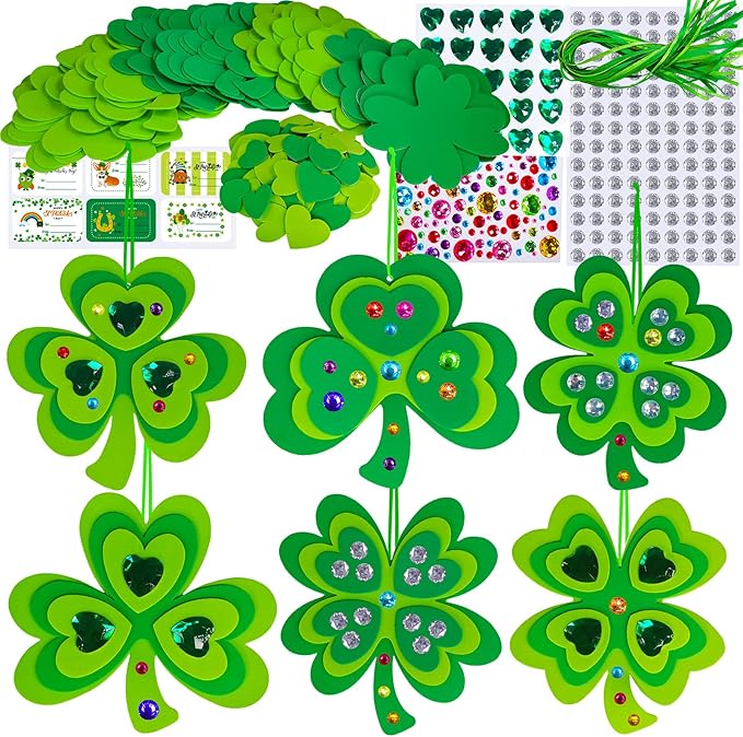 Winlyn 24 Sets St. Patrick's Day Shamrock Ornaments Decorations DIY St. Pat's Craft Kits Assorted Foam Lucky Shamrock Four-Leaf Clover Stickers for Kids Classroom Activities Party Favors Art Project
