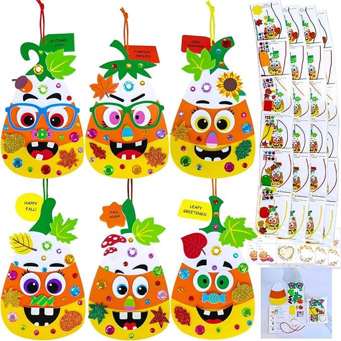 Winlyn 24 Sets Halloween Craft Kits for Kids Goofy Candy Corn Foam Individual Craft Kits Fall Arts and Crafts Autumn Foam Stickers for Kids Thanksgiving Halloween Home Classroom Activities Party Favor